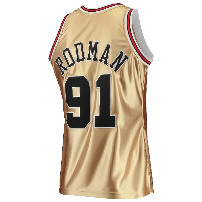 Basketball jersey with zippered collar for comfort-C.Bulls #91 Dennis Rodman Mitchell & Ness 75th Anniversary 1997-98 Hardwood Classics Swingman Jersey Gold Stitched American Basketball Jersey