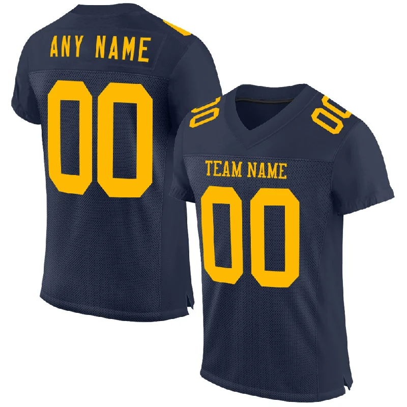 Personalized soccer jersey for school leagues-Custom Navy Gold Mesh Authentic Football Jersey