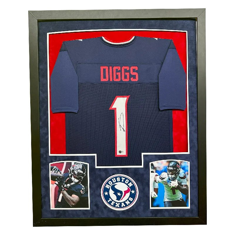 Custom soccer jersey for custom graphics and designs-Stefon Diggs Signed Houston Blue Custom Suede Matte Framed Football Jersey