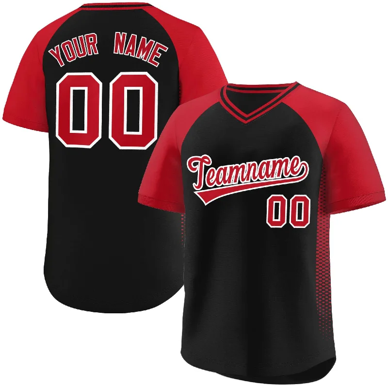 Personalized baseball jersey for gifts-Custom Black Red Raglan Sleeves Side Spot Authentic Pullover Baseball Jersey