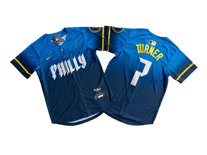 Custom baseball jersey for tournament competitions-KID Youth Philadelphia Phillies Trea Turner#7 Blue 2024 City Connect Limited Player Jersey