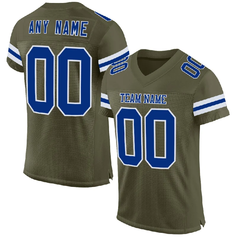 Personalized soccer jersey with embroidered team name-Custom Olive Royal-White Mesh Authentic Salute To Service Football Jersey