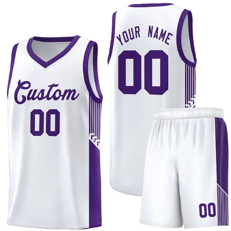 Basketball jersey with bold design elements for fashion-Custom White Purple Side Stripe Fashion Sports Uniform Basketball Jersey