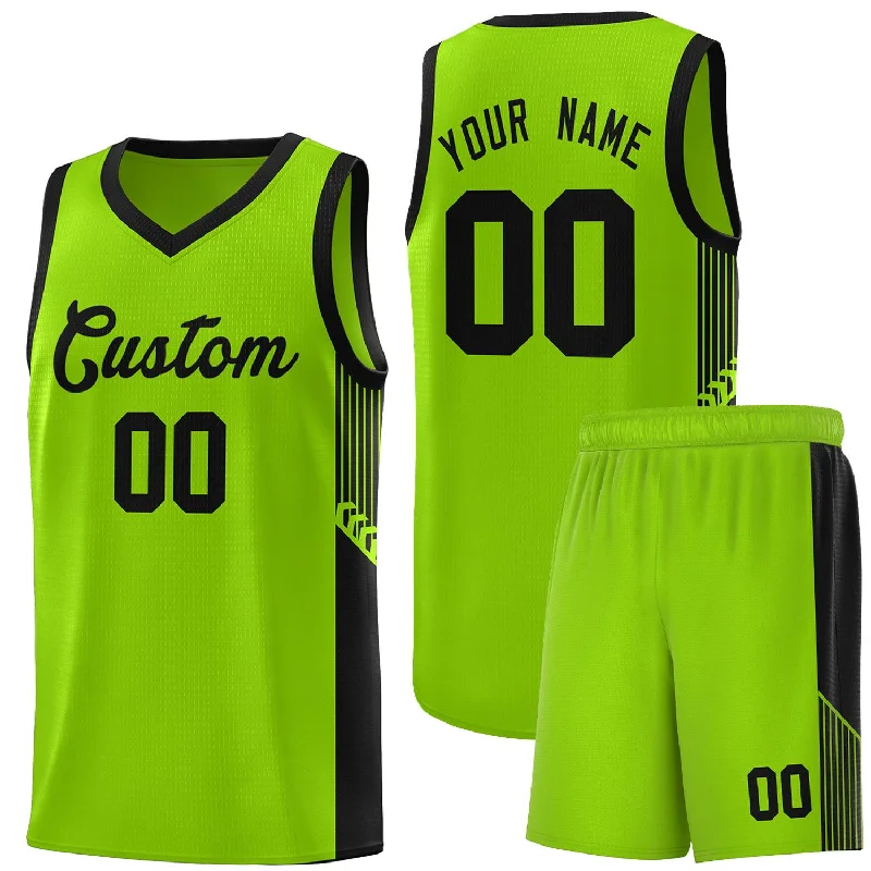 Basketball jersey with vented side panels for comfort-Custom Neon Green Black Side Stripe Fashion Sports Uniform Basketball Jersey