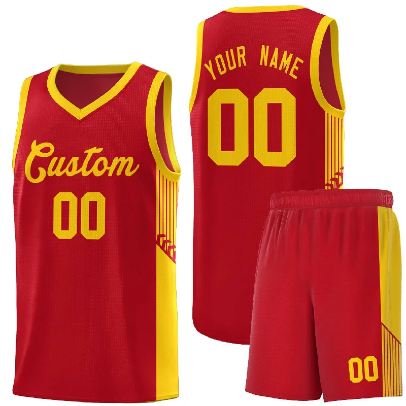 Personalized basketball jersey with custom patches-Custom Red Gold Side Stripe Fashion Sports Uniform Basketball Jersey