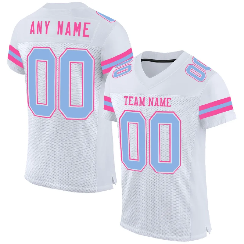 Custom soccer jersey with textured fabric for comfort-Custom White Light Blue-Pink Mesh Authentic Football Jersey