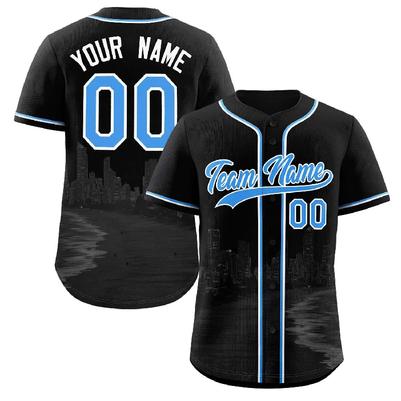 Baseball jersey with numbered sleeve options-Custom Black Powder Blue-White Miami City Connect Baseball Jersey