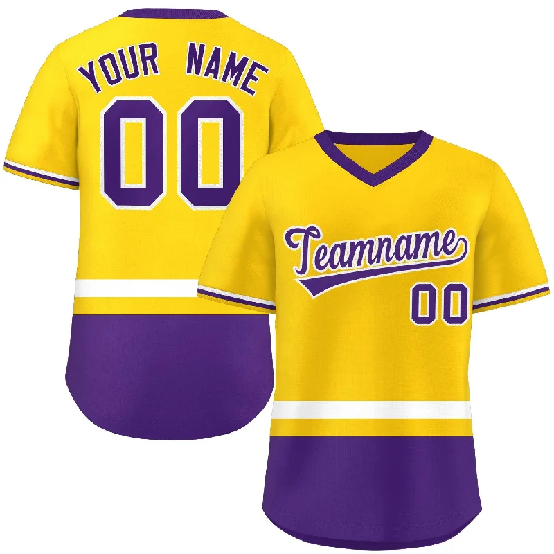 Authentic MLB baseball jersey for collectors-Custom Gold White-Purple Color Block Personalized V-Neck Authentic Pullover Baseball Jersey