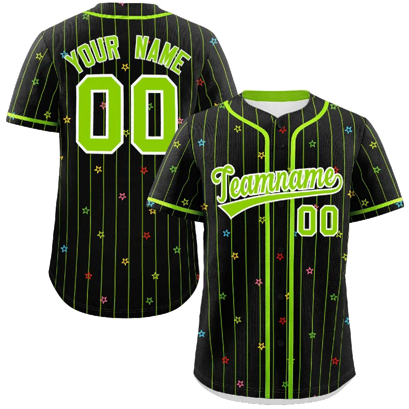 Lightweight baseball jersey with UV protection for outdoor games-Custom Black Neon Green Stripe Fashion Personalized Star Pattern Authentic Baseball Jersey