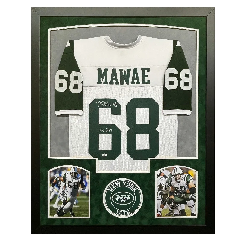 Custom soccer jersey for youth teams-Kevin Mawae Signed HOF 2019 New York White Custom Suede Matte Framed Football Jersey (JSA)