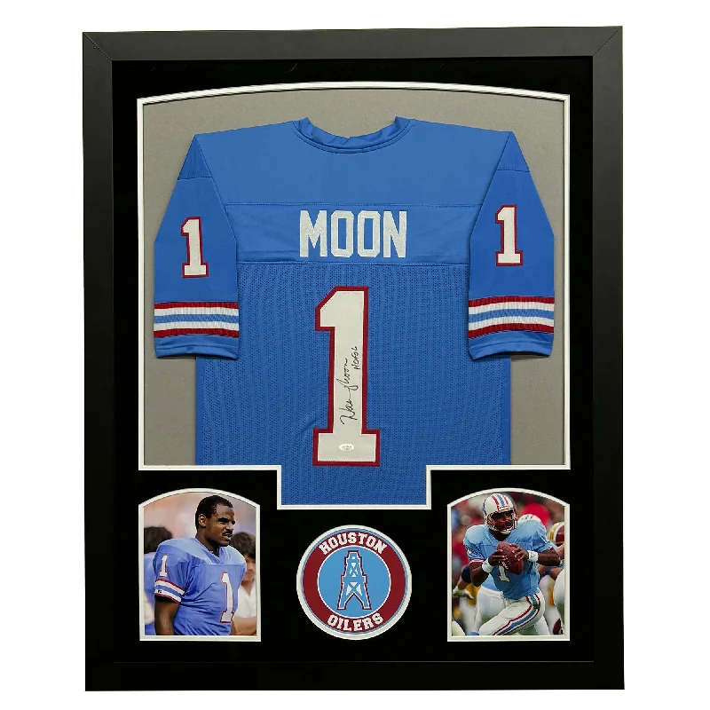 Personalized soccer jersey with team names and logos-Warren Moon Signed Blue Custom Suede Matte Framed Football Jersey