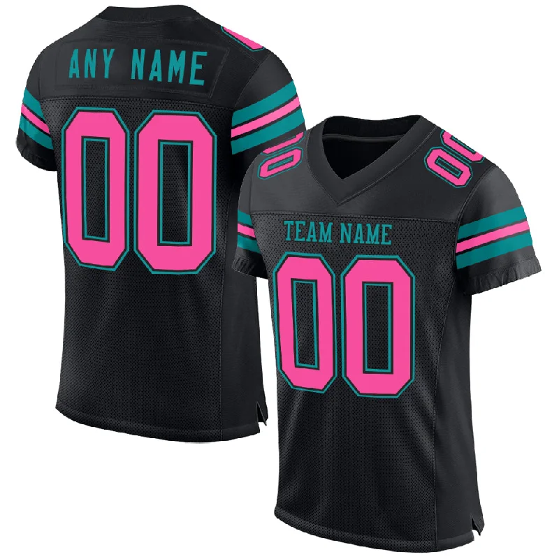 Soccer jersey with modern cut and stylish design-Custom Black Pink-Teal Mesh Authentic Football Jersey