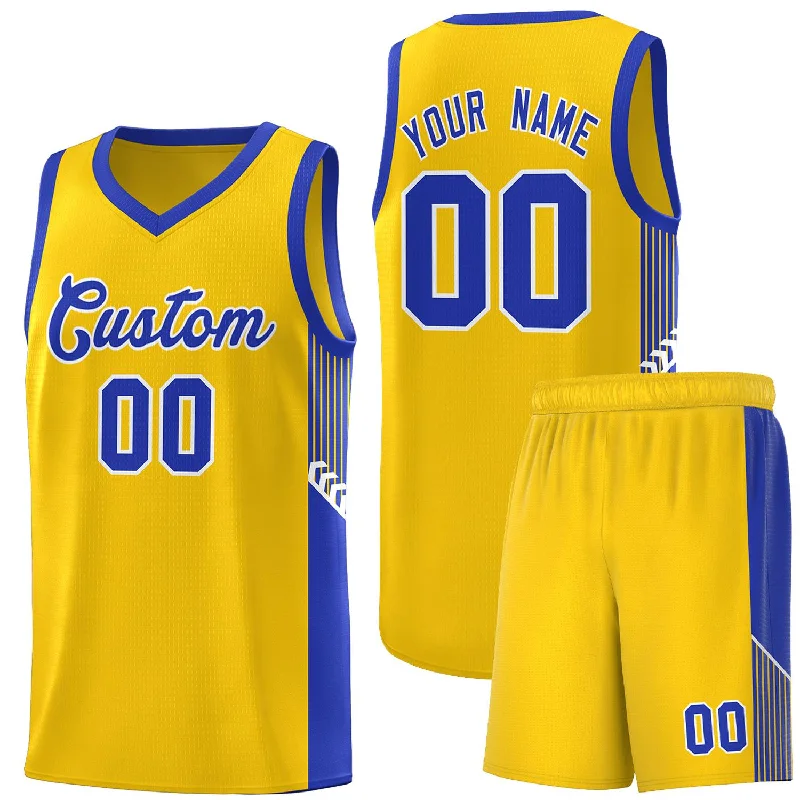 Basketball jersey with custom patches and logos-Custom Gold Royal-White Side Stripe Fashion Sports Uniform Basketball Jersey