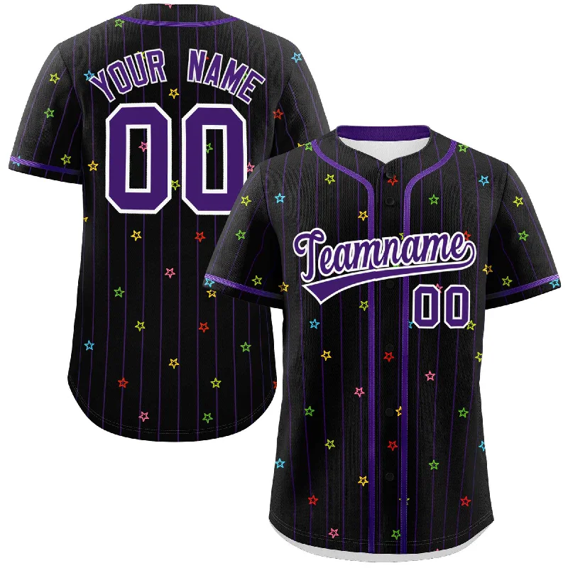 Authentic baseball jersey for fans-Custom Black Purple Stripe Fashion Personalized Star Pattern Authentic Baseball Jersey