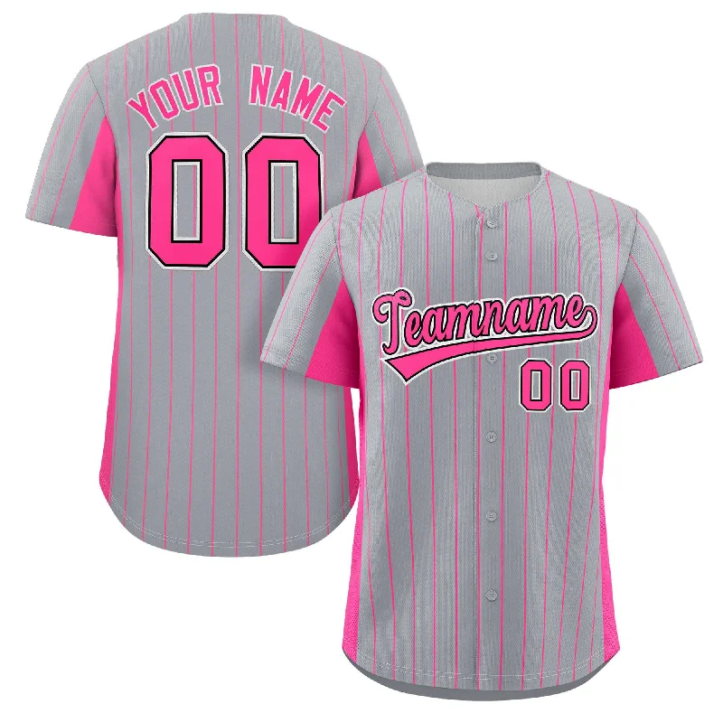 Custom baseball jersey with sponsor logos and patches-Custom Gray Pink Stripe Fashion Design Full Button Authentic Baseball Jersey