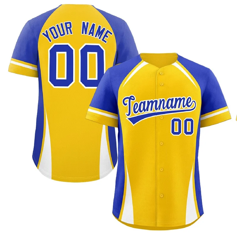 Baseball jersey with team logo for fan apparel-Custom Gold Royal-White Personalized Color Block Authentic Baseball Jersey