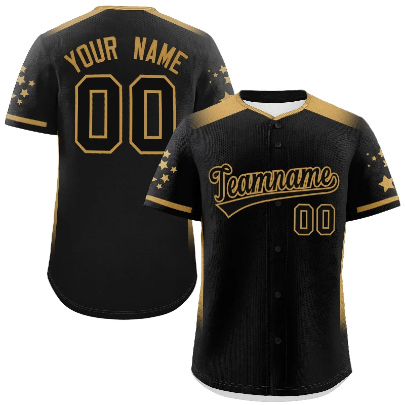 Custom baseball jersey for major league fan collections-Custom Black Old Gold Gradient Side Personalized Star Pattern Authentic Baseball Jersey