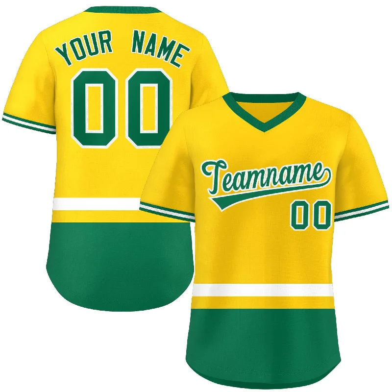 Personalized baseball jersey for gifts-Custom Gold White-Kelly Green Color Block Personalized V-Neck Authentic Pullover Baseball Jersey