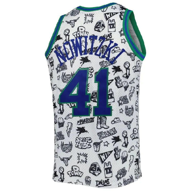 Custom basketball jersey with embroidered player names-D.Mavericks #41 Dirk Nowitzki Mitchell & Ness 1998-99 Hardwood Classics Doodle Swingman Jersey White Stitched American Basketball Jersey