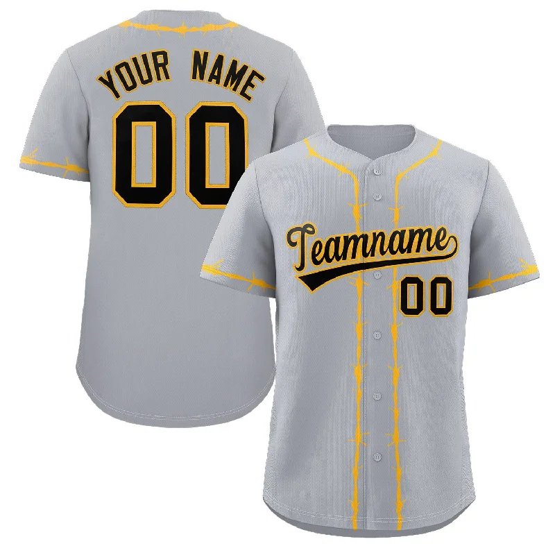 Custom baseball jersey with quick-dry fabric-Custom Gray Yellow Thorns Ribbed Classic Style Authentic Baseball Jersey