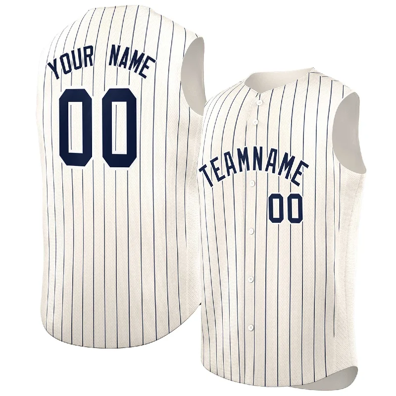 Authentic MLB baseball jersey for collectors-Custom Cream Navy-White Sleeveless Stripe Fashion Baseball Jersey