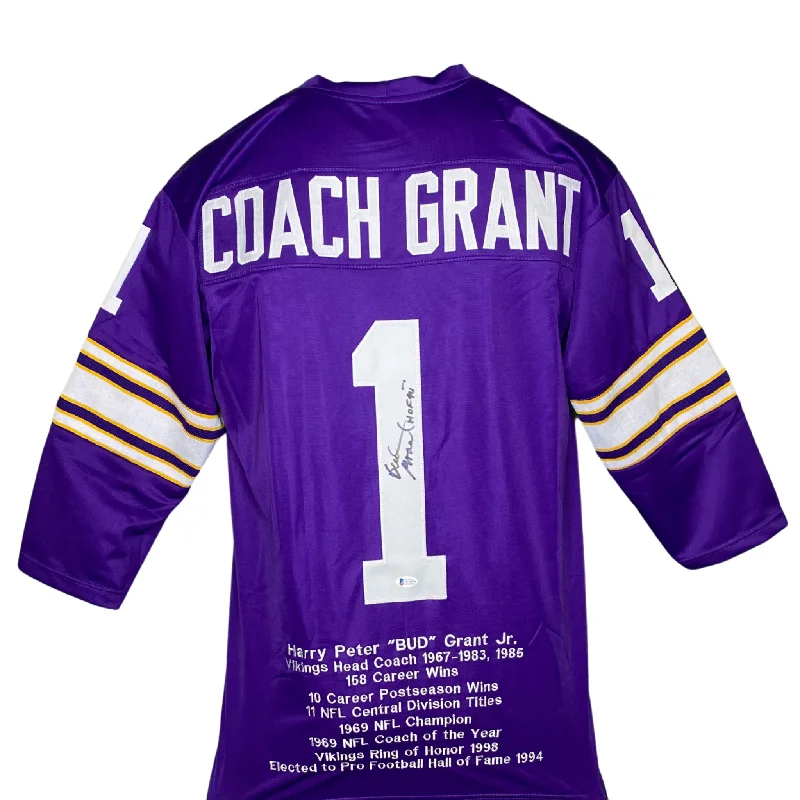 Personalized soccer jersey with custom design-Bud Grant Signed Custom Purple Football Jersey w/ Inscription and Stats