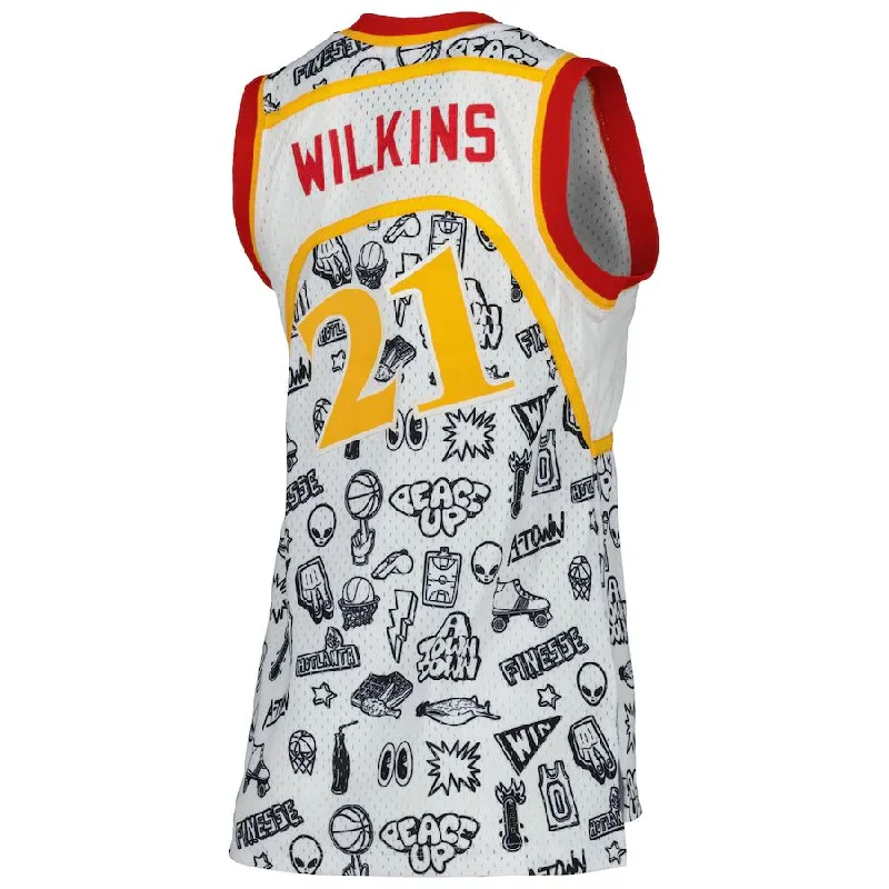 Custom basketball jersey with sleek, modern look-A.Hawks #21 Dominique Wilkins Mitchell & Ness Women's 1986 Doodle Swingman Jersey White Stitched American Basketball Jersey