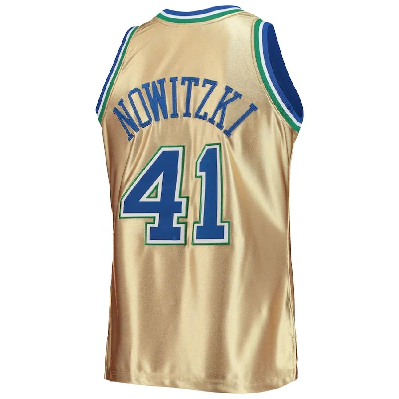 Basketball jersey with vented side panels for comfort-D.Mavericks #41 Dirk Nowitzki Mitchell & Ness 75th Anniversary 1998-99 Hardwood Classics Swingman Jersey Gold Stitched American Basketball Jersey