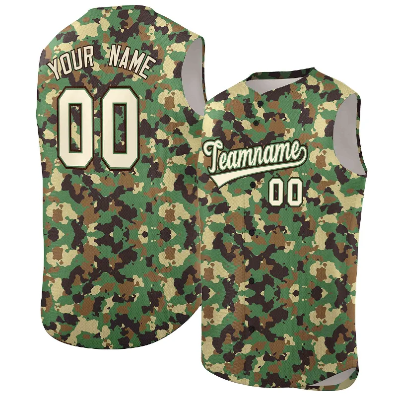 Baseball jersey with mesh paneling for air circulation-Custom Brown Green-Cream Camo Fashion Authentic Sleeveless Baseball Jersey