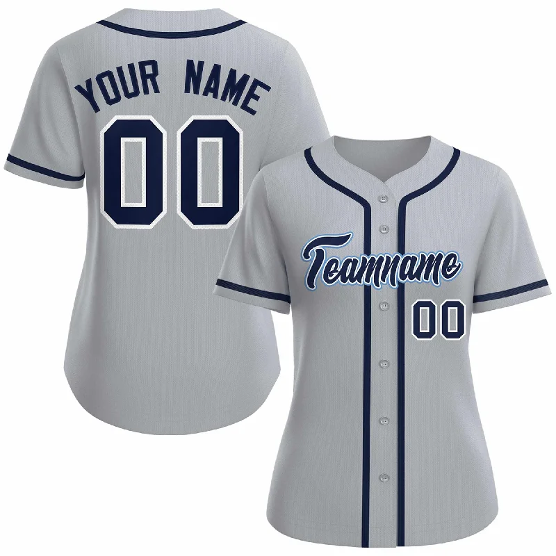 Custom baseball jersey with a vintage look for fans-Custom Gray Navy White Classic Style Baseball Jersey for Women