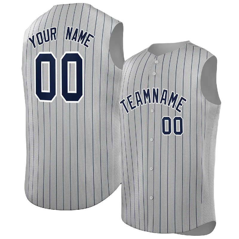 Custom baseball jersey with sponsor logos and patches-Custom Gray Navy-White Sleeveless Stripe Fashion Baseball Jersey