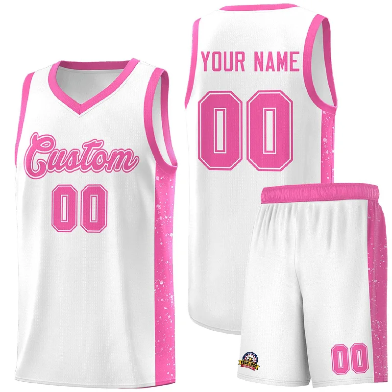 Custom basketball jersey with embroidery for added detail-Custom White Pink Side Splash Sports Uniform Basketball Jersey