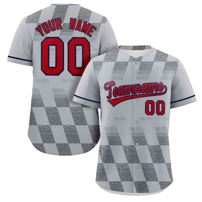 Baseball jersey with stitched lettering and numbers-Custom Gray Red Grid Speckles Color Block Design Authentic Baseball Jersey