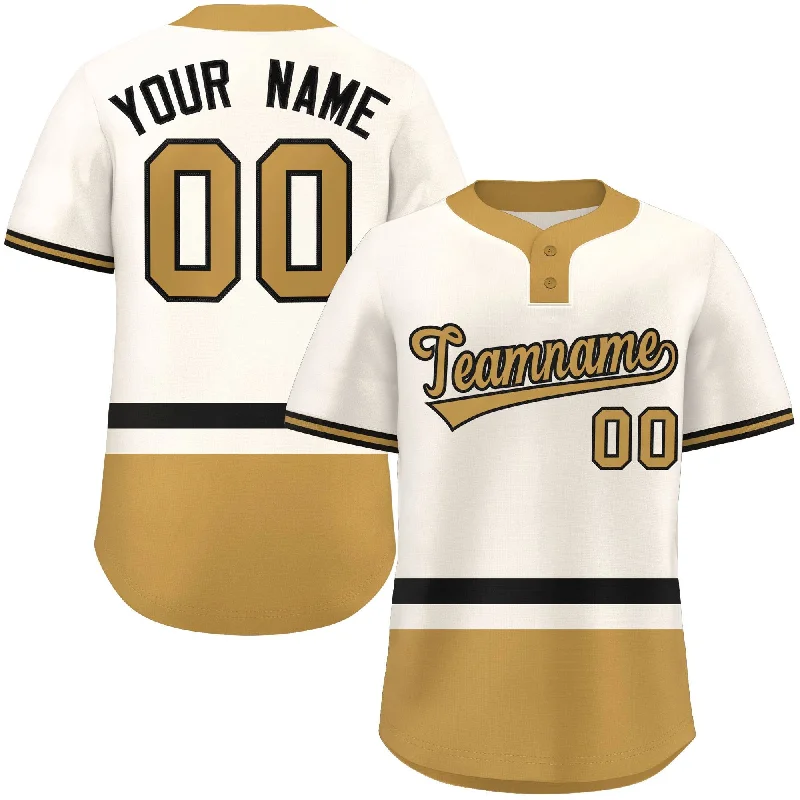 Baseball jersey with bold team logos and symbols-Custom Cream Black-Old Gold Color Block Personalized Authentic Two-Button Baseball Jersey