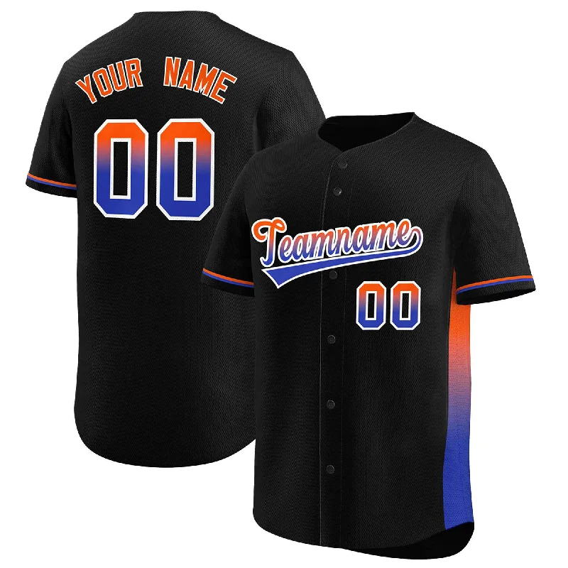 Custom baseball jersey with embroidered patches-Custom Black Orange-Royal Personalized Gradient Font And Side Design Authentic Baseball Jersey