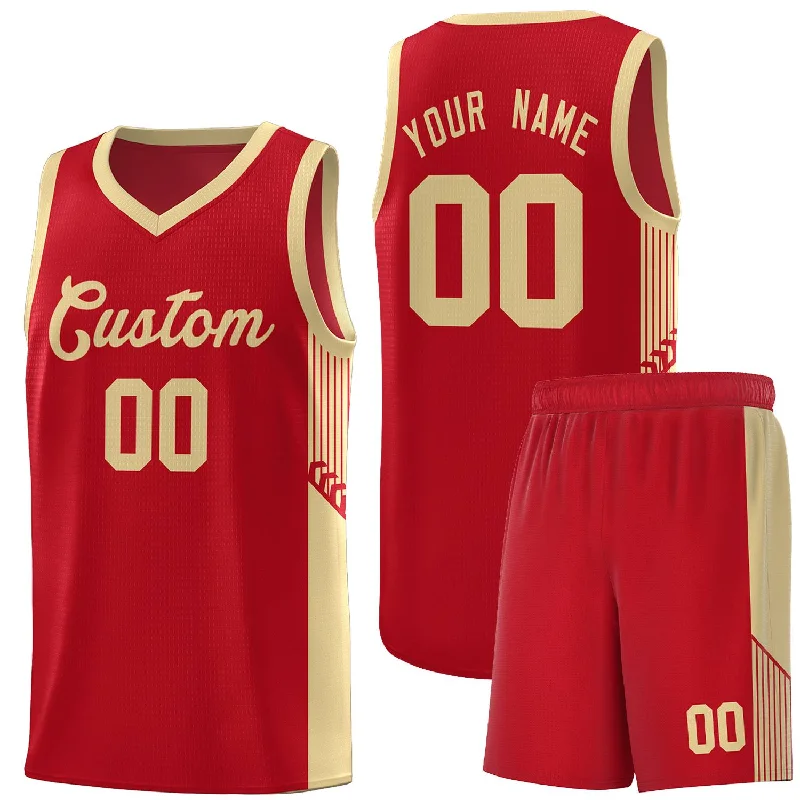 Basketball jersey for retro-style fans-Custom Red Khaki Side Stripe Fashion Sports Uniform Basketball Jersey