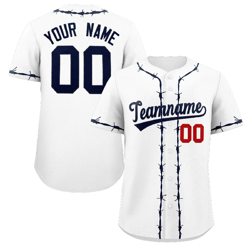 Baseball jersey with contrast stitching and piping-Custom White Navy Thorns Ribbed Classic Style Authentic Baseball Jersey