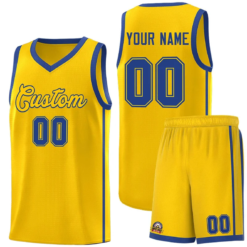 Basketball jersey with zippered collar for comfort-Custom Gold Royal Side Two Bars Sports Uniform Basketball Jersey