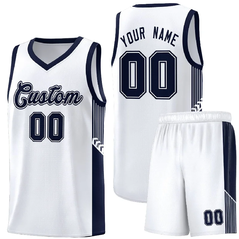 Basketball jersey with unique color combinations for teams-Custom White Navy Side Stripe Fashion Sports Uniform Basketball Jersey