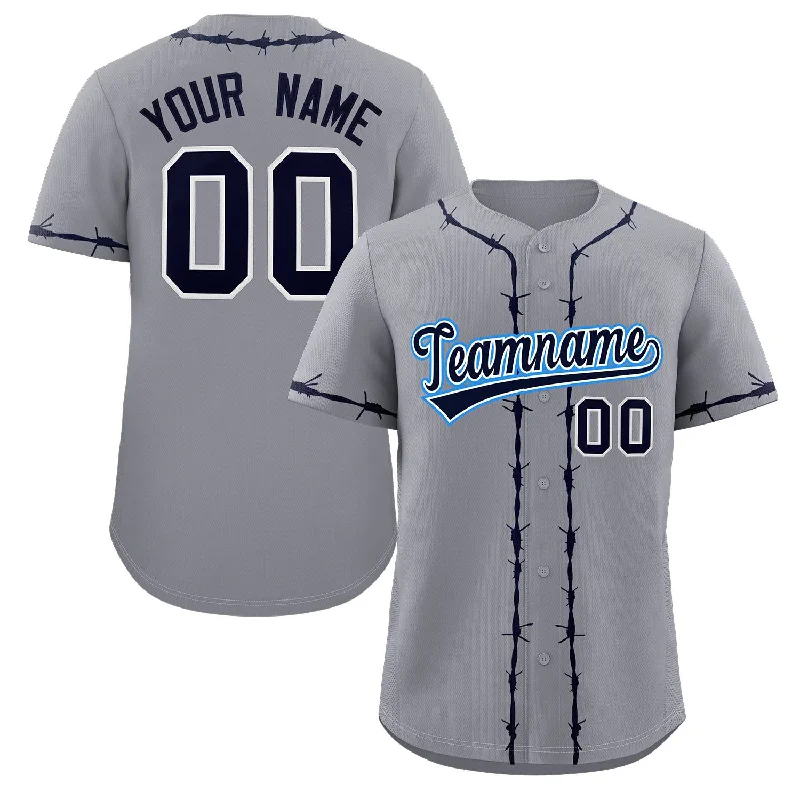 Custom baseball jersey with embroidered patches-Custom Gray Navy Thorns Ribbed Classic Style Authentic Baseball Jersey