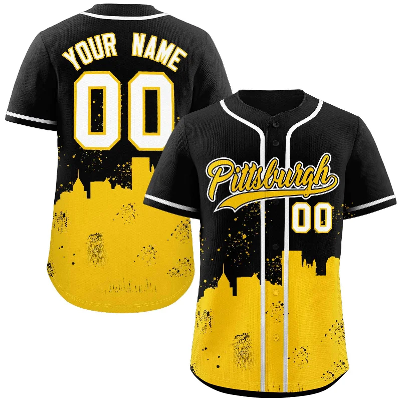 Custom baseball jersey with quick-dry fabric-Custom Black Yellow Personalized Pittsburgh City Nightscape Authentic Baseball Jersey