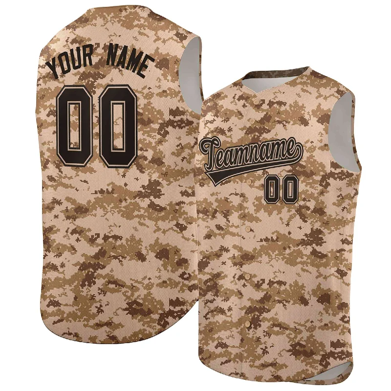 Personalized baseball jersey with front and back prints-Custom Brown Khaki Camo Fashion Authentic Sleeveless Baseball Jersey