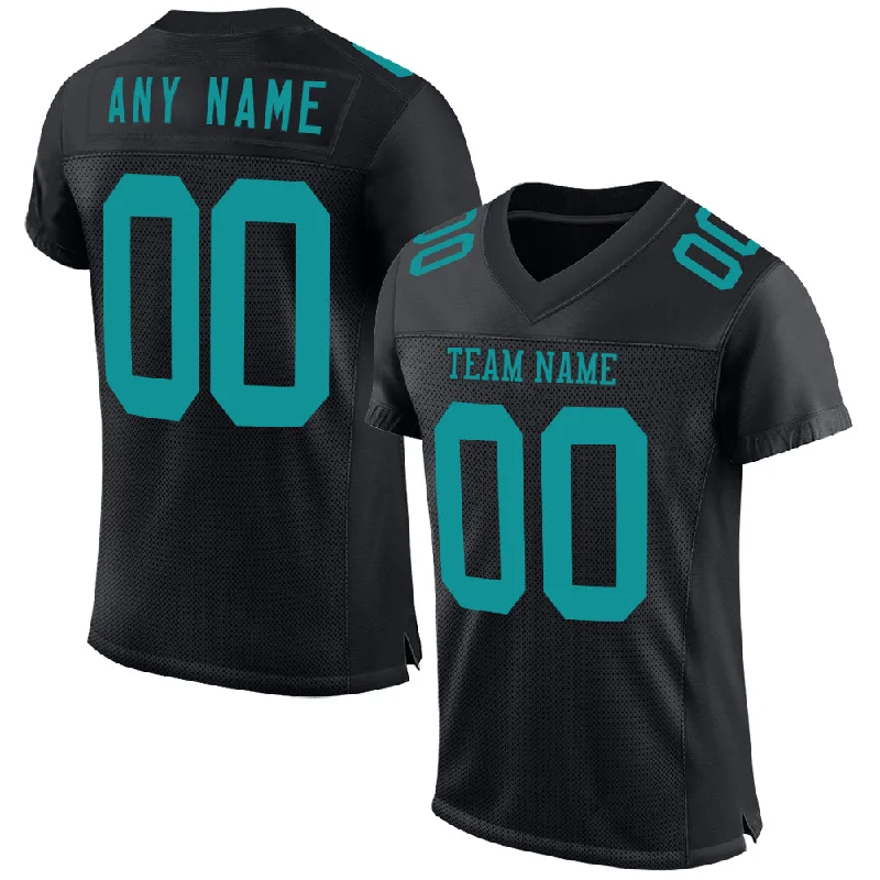 Custom soccer jerseys with team logos-Custom Black Teal Mesh Authentic Football Jersey