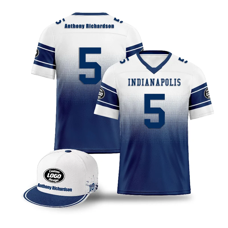 Soccer jersey with embroidered patches for authenticity-Custom White Blue Indianapolis Football Jersey and Hat Combo Offer Personalized Combo ZH-D020326-14