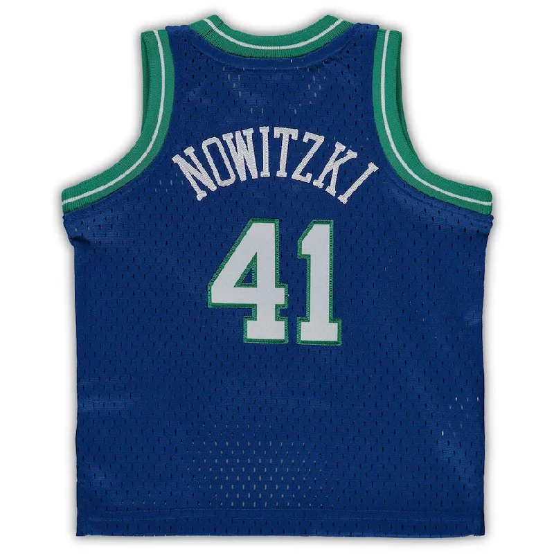 Basketball jersey with bold lettering for fans-D.Mavericks #41 Dirk Nowitzki Mitchell & Ness Infant 1998-99 Hardwood Classics Retired Player Jersey Blue Stitched American Basketball Jersey