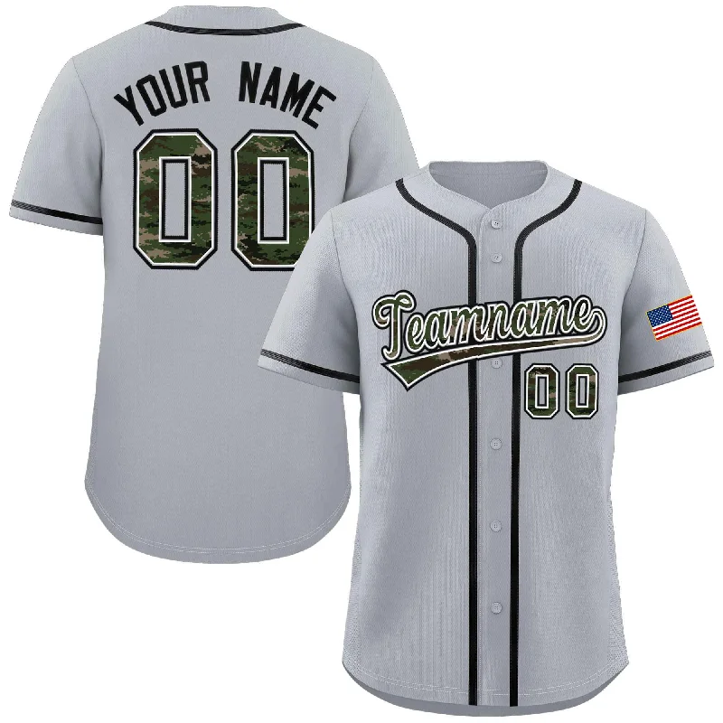 Custom baseball jersey with sublimated graphics-Custom Gray Personalized Camo Font Authentic Baseball Jersey