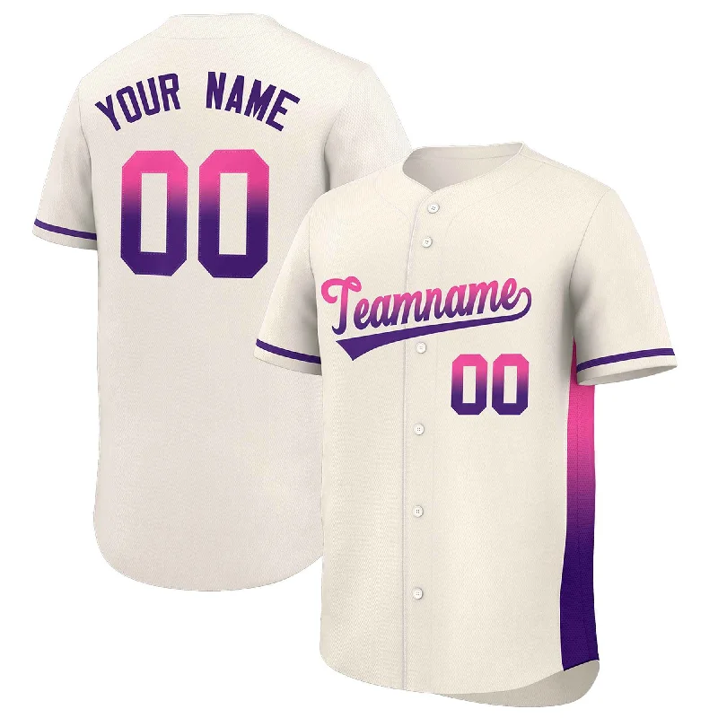 Baseball jersey with contrasting color sleeves for bold look-Custom Cream Pink-Purple Personalized Gradient Font And Side Design Authentic Baseball Jersey