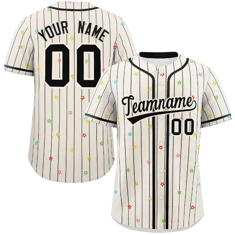 Personalized baseball jersey for birthday parties-Custom Cream Black Stripe Fashion Personalized Star Pattern Authentic Baseball Jersey