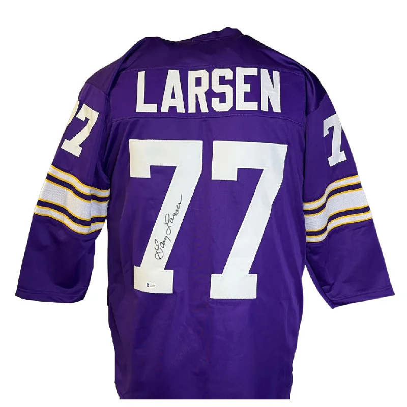 Custom soccer jersey with embroidered logos for teams-Gary Larsen Signed Custom Purple Football Jersey