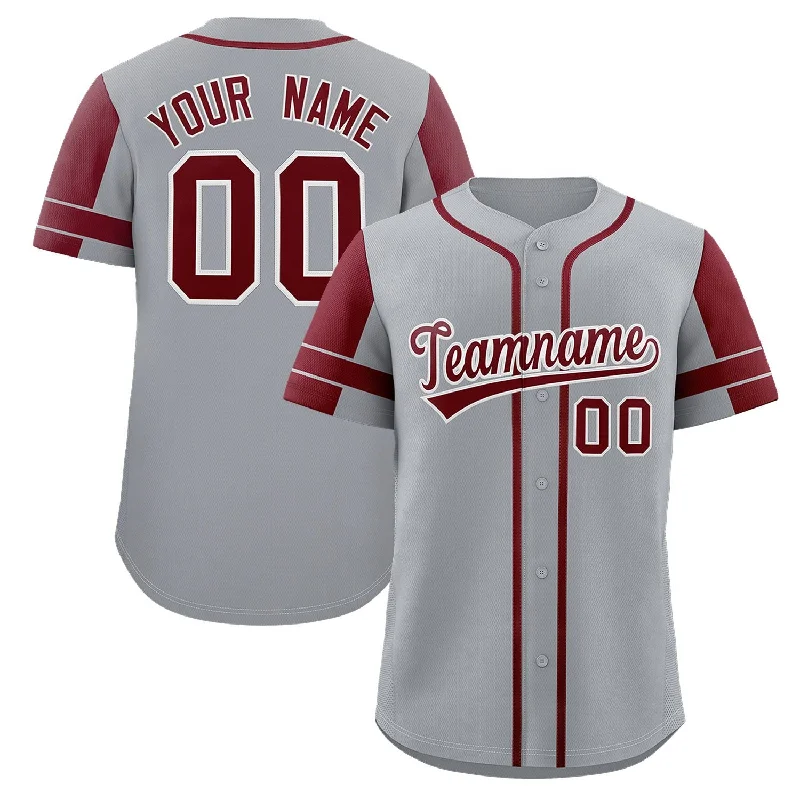 Custom baseball jersey for tournament teams-Custom Gray Crimson Personalized Raglan Sleeves Authentic Baseball Jersey